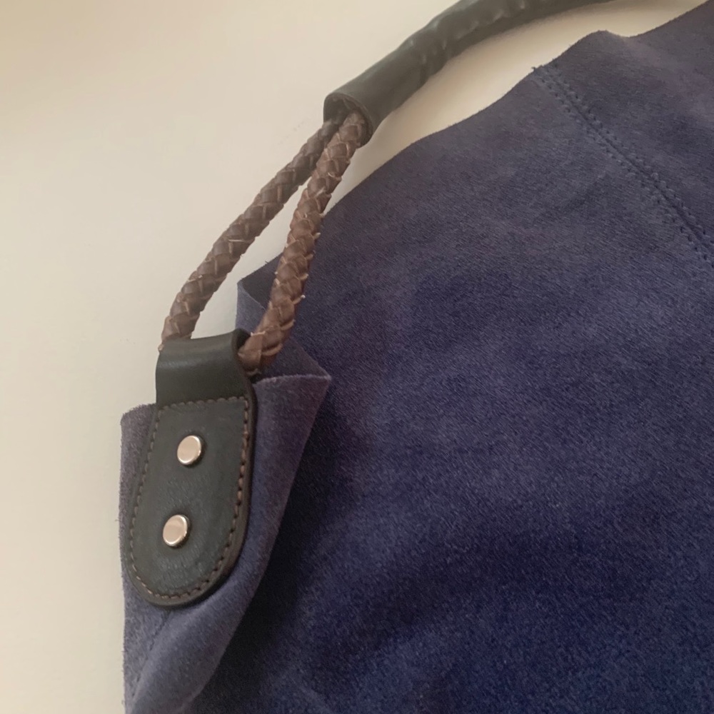 Suede leather tote/bag navy w/brown leather handle